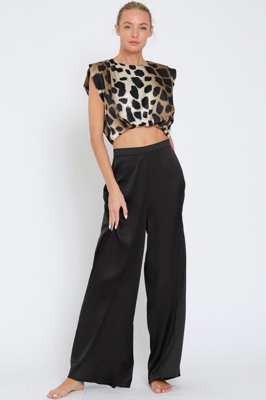 Aakaa Shoulder Pad Top and High Waisted Long Pants Set