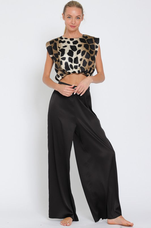 Aakaa Shoulder Pad Top and High Waisted Long Pants Set