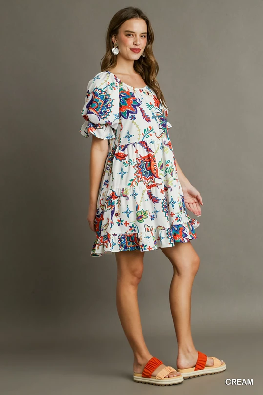 Umgee Round Neck Paisley Print A-Line Dress with Ruffle Puff Sleeves