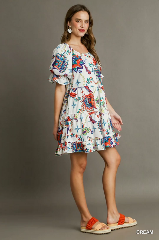 Umgee Round Neck Paisley Print A-Line Dress with Ruffle Puff Sleeves