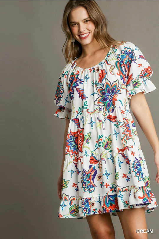 Umgee Round Neck Paisley Print A-Line Dress with Ruffle Puff Sleeves