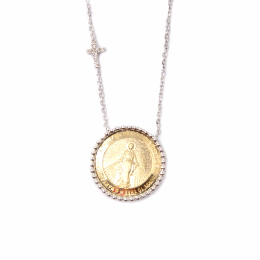 14K Two Tone Gold Virgin Mary and Diamond Cross Pendant Necklace