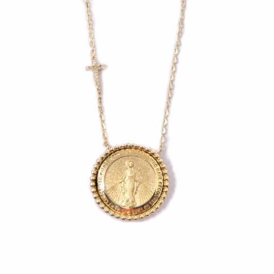 14K Yellow Gold Virgin Mary and Diamond Cross Pendant Necklace