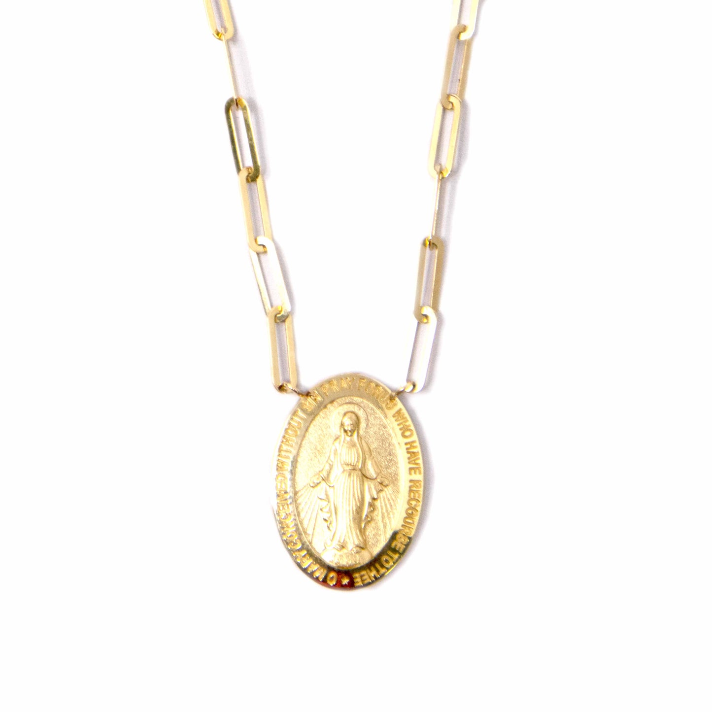 14K Yellow Gold Virgin Mary Paperclip Pendant Necklace