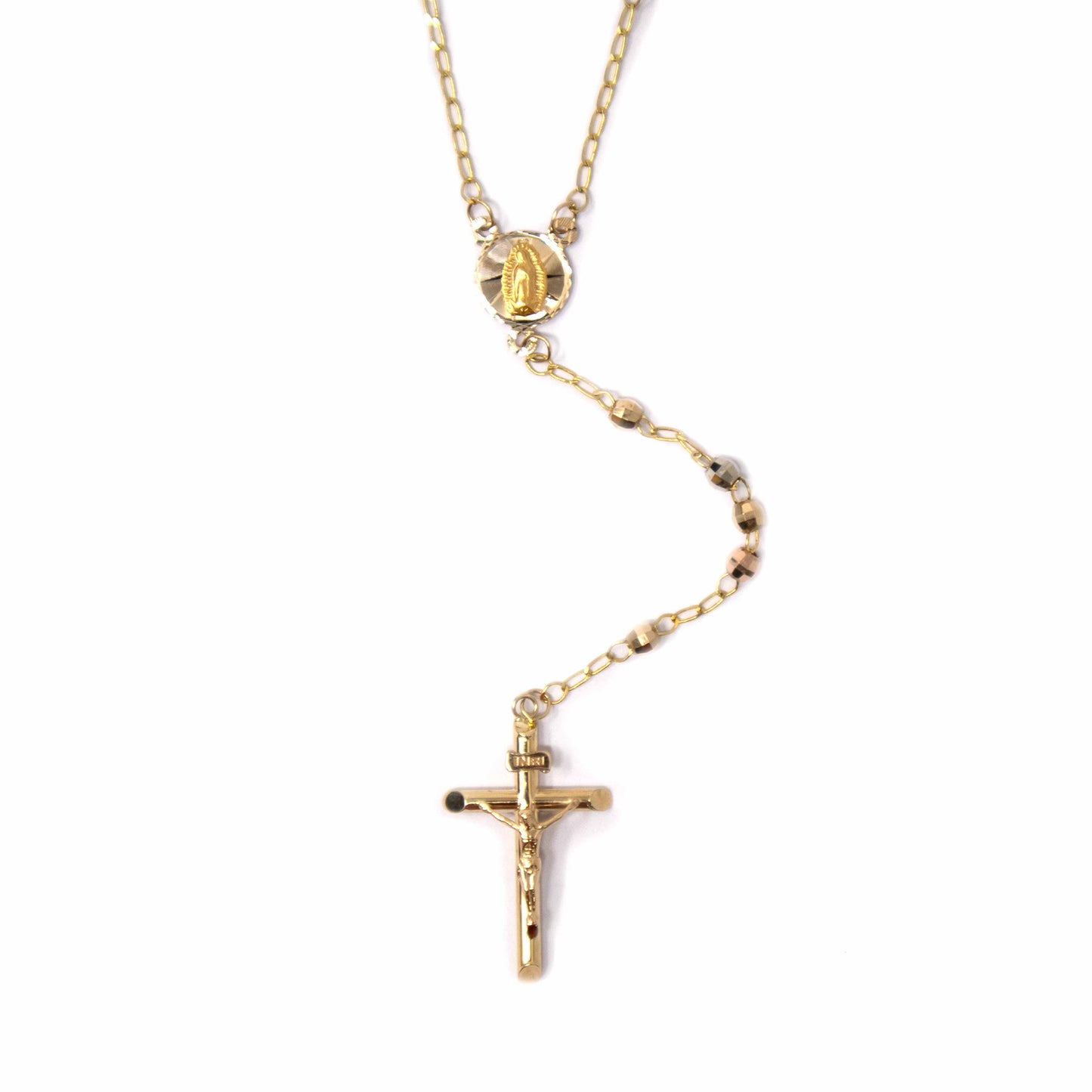 14K Tri Color Bead Gold Rosary Necklace