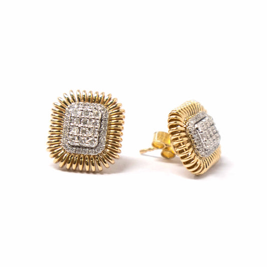 14K Square Pave Diamond Yellow Gold Wire Earring