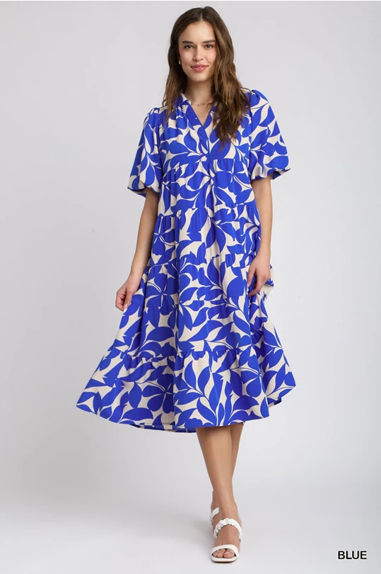 Umgee Two Tone Floral Print Collared A-Line Tiered Puff Sleeves Midi Dress