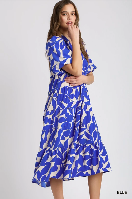 Umgee Two Tone Floral Print Collared A-Line Tiered Puff Sleeves Midi Dress