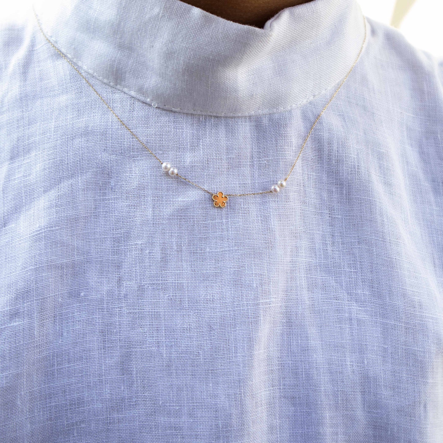 14K Yellow Gold Pearl and Flower Necklace