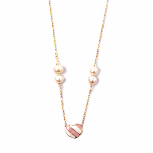 14K Yellow Gold Pearl and Enamel Heart Necklace