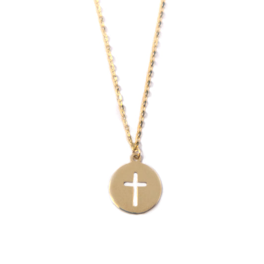 14K Yellow Gold Round Cross Pendant Necklace