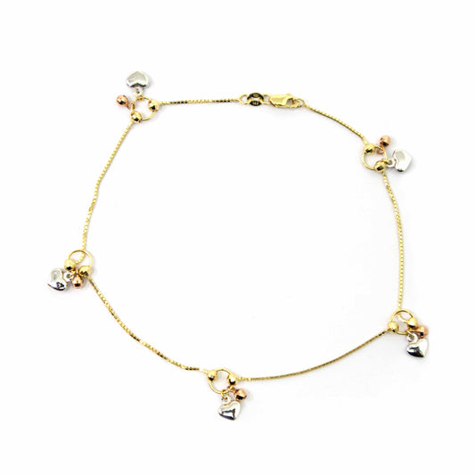 14K Tri-color Gold Hearts Anklet