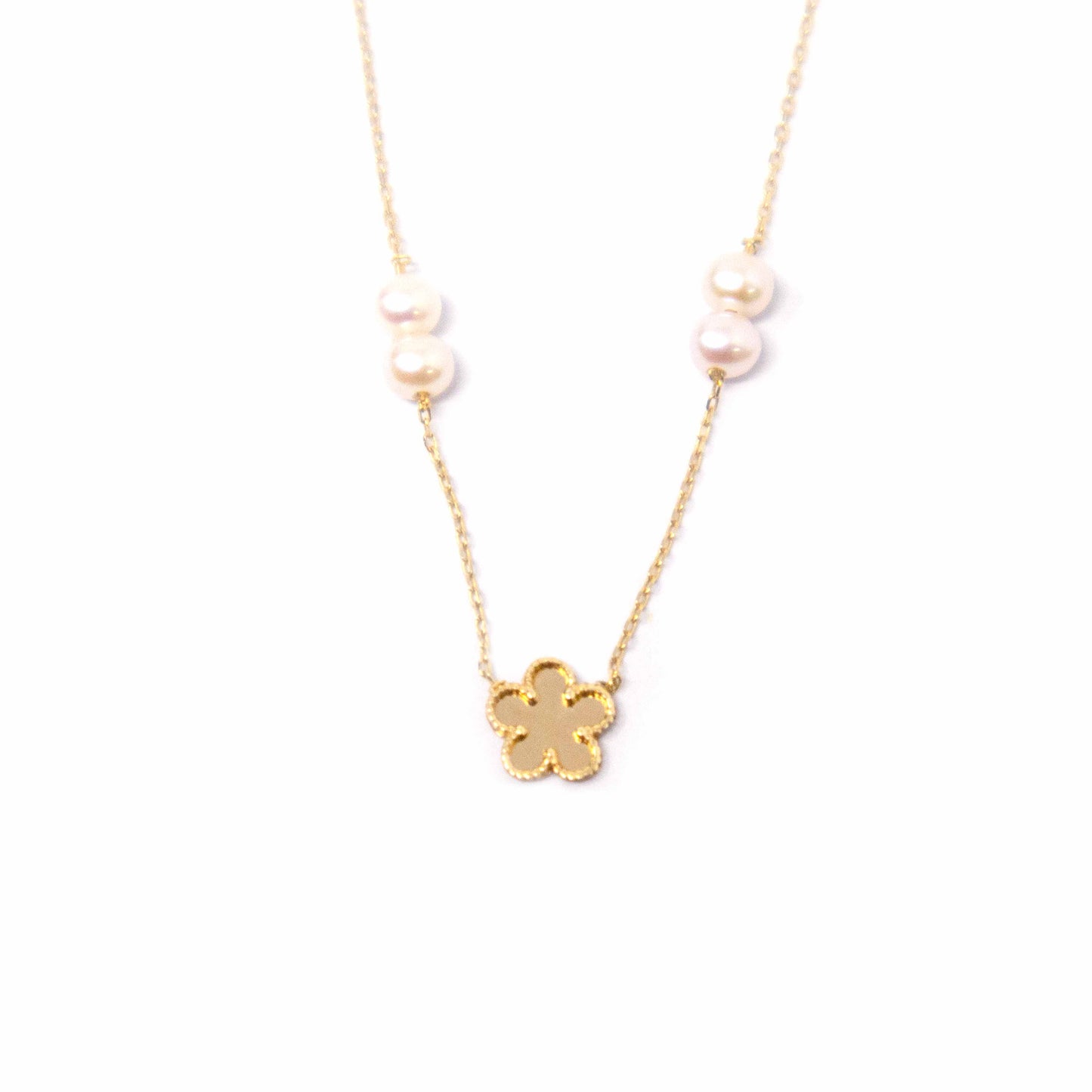 14K Yellow Gold Pearl and Flower Necklace