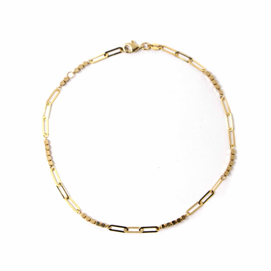 14K Yellow Gold Semi Bead and Paperclip Anklet