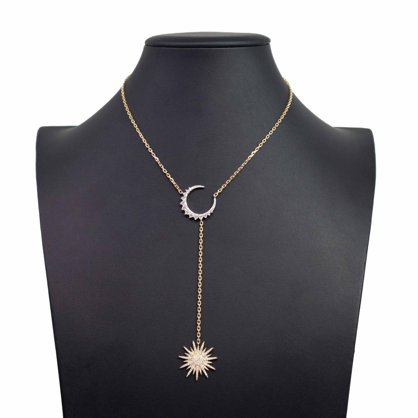 14K Yellow Gold Diamond Moon And Star Lariat Necklace