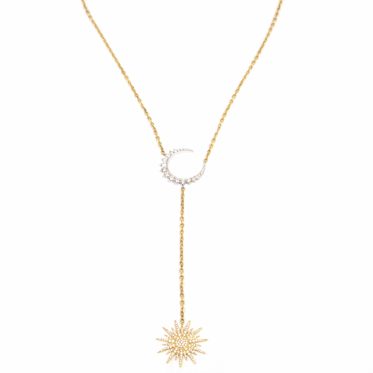 14K Yellow Gold Diamond Moon And Star Lariat Necklace