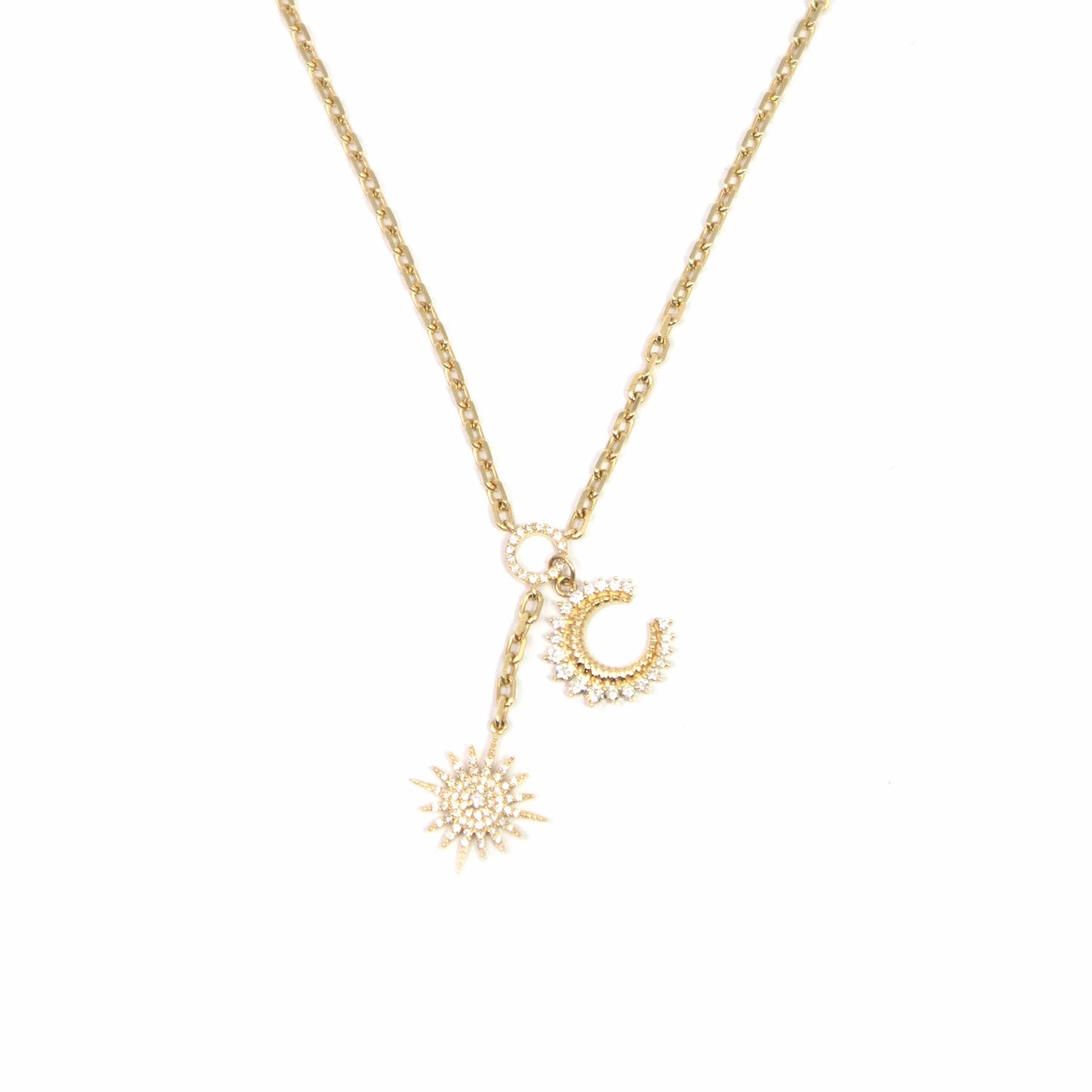 14K Yellow Gold Diamond Sun And Moon Necklace