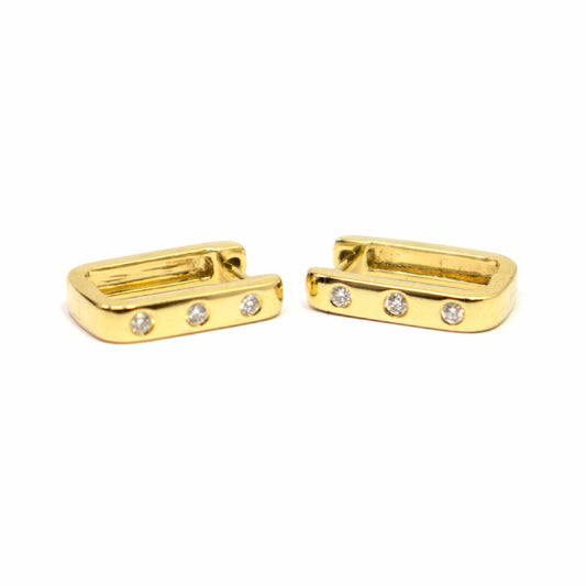 18K Yellow Gold Embedded Diamond Rectangular  Hoop Earrings