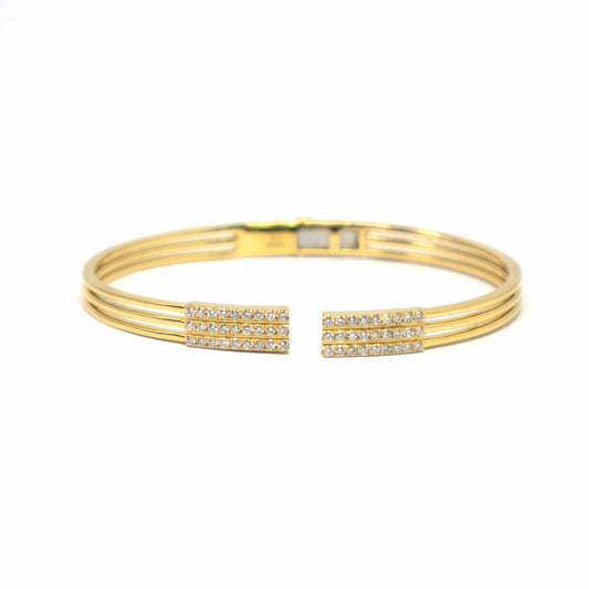 18K Yellow Gold Diamond Three Band Open Cuff Bangle