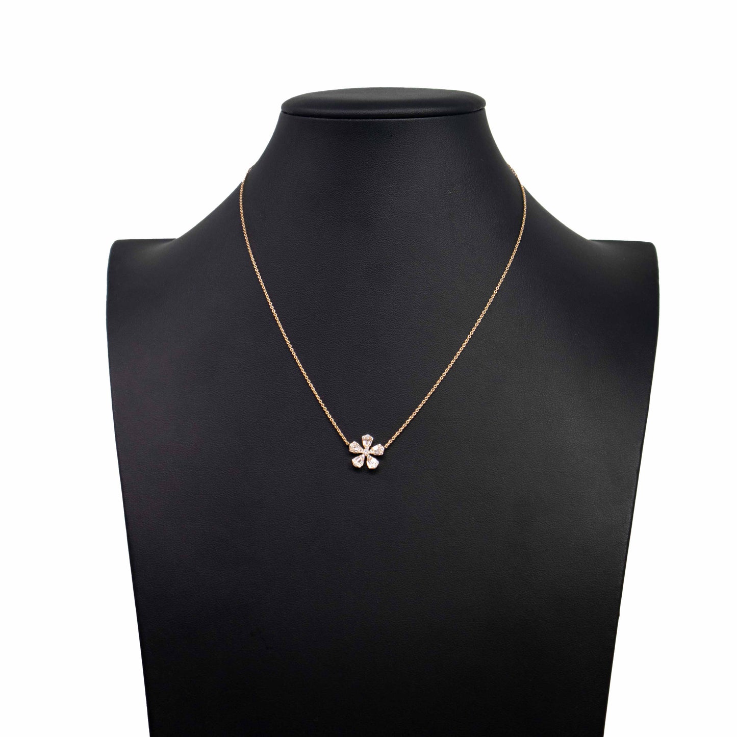 18K Rose Gold Baguette Diamond Pendant Flower Necklace