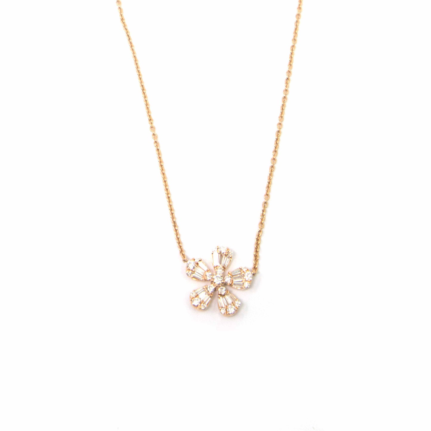 18K Rose Gold Baguette Diamond Pendant Flower Necklace