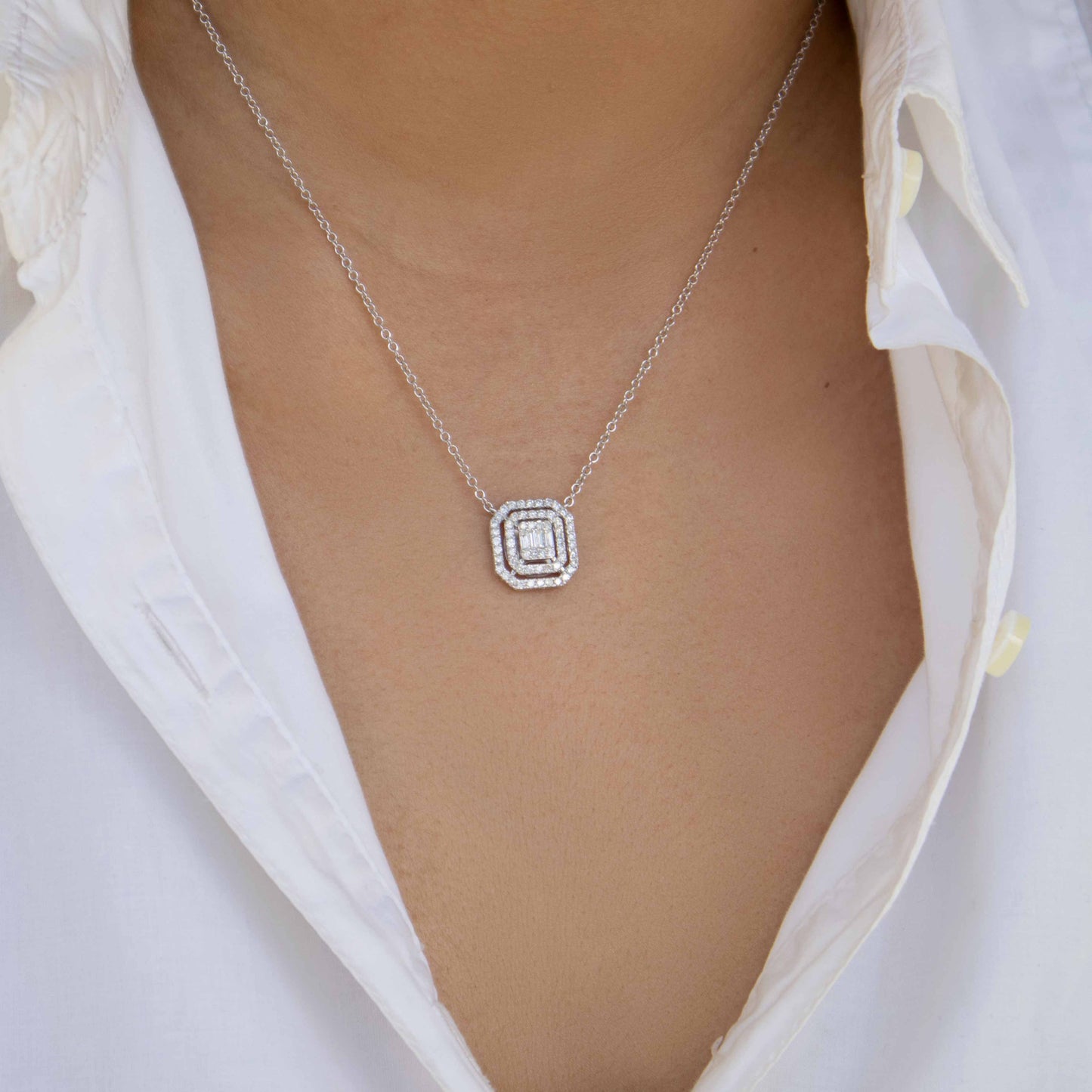 14K White Gold Diamond Square Pendant Necklace