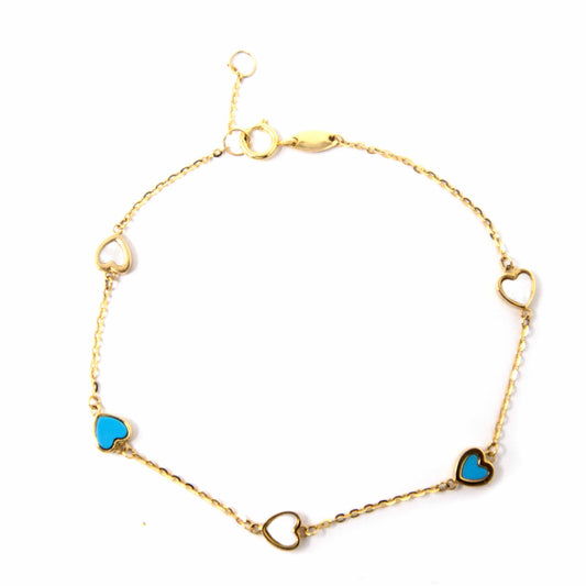 14K Yellow Gold Turquoise and Open Hearts Bracelets