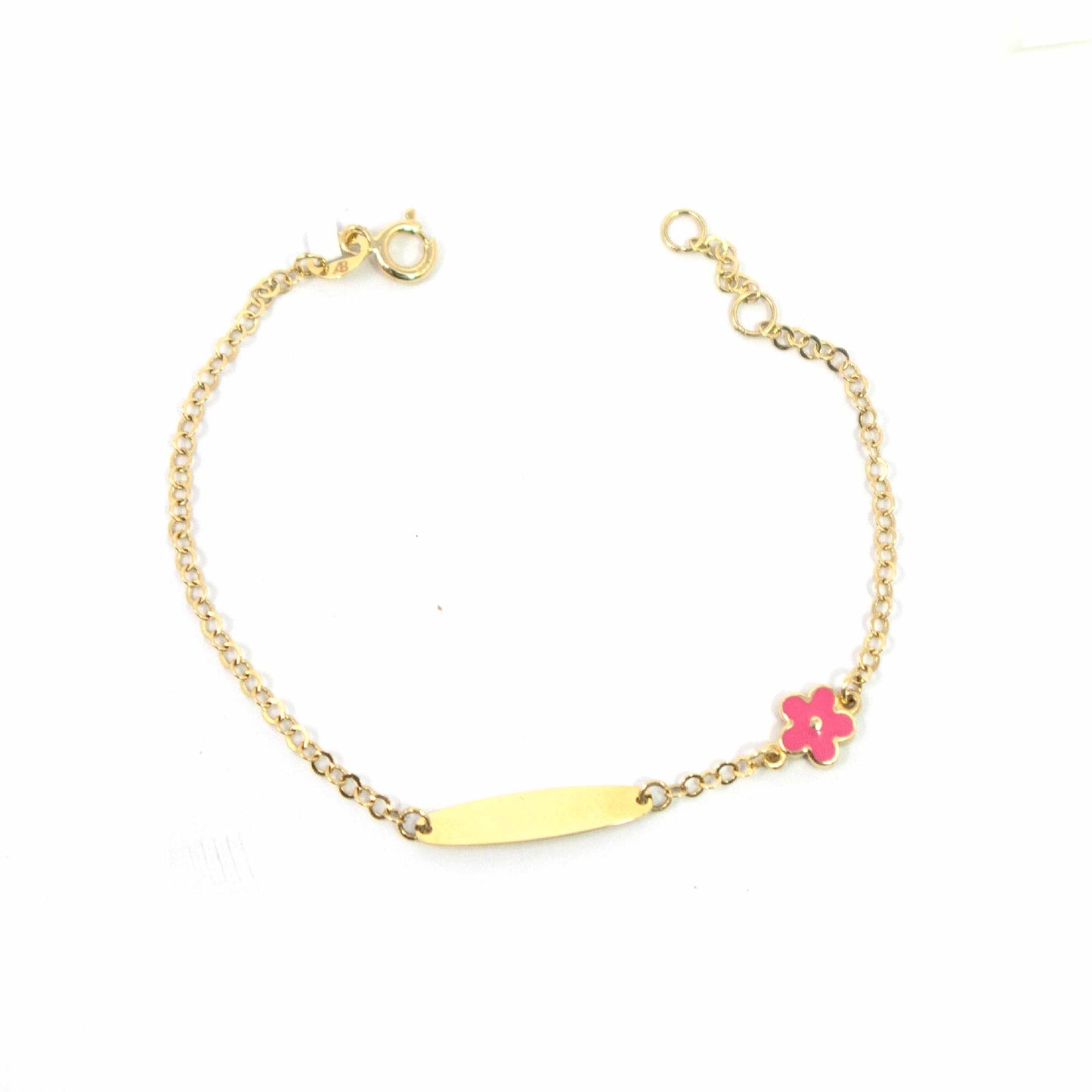 14K Yellow Gold Pink Flower ID Bracelet