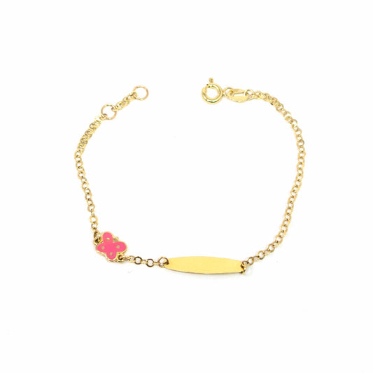 14K Yellow Gold Pink Butterfly ID Bracelet