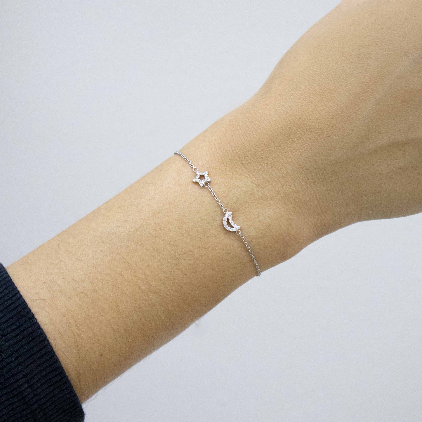 14K White Gold Moon and Star Diamond Bracelet