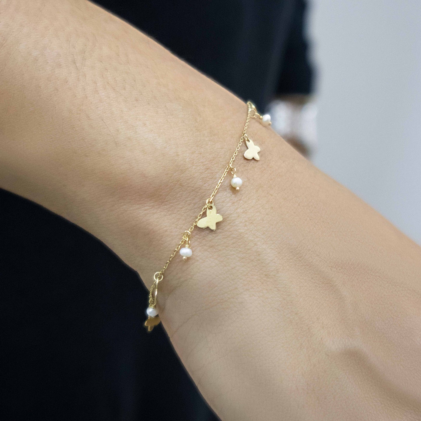 14k Yellow Gold Butterflies and Pearl Bracelet