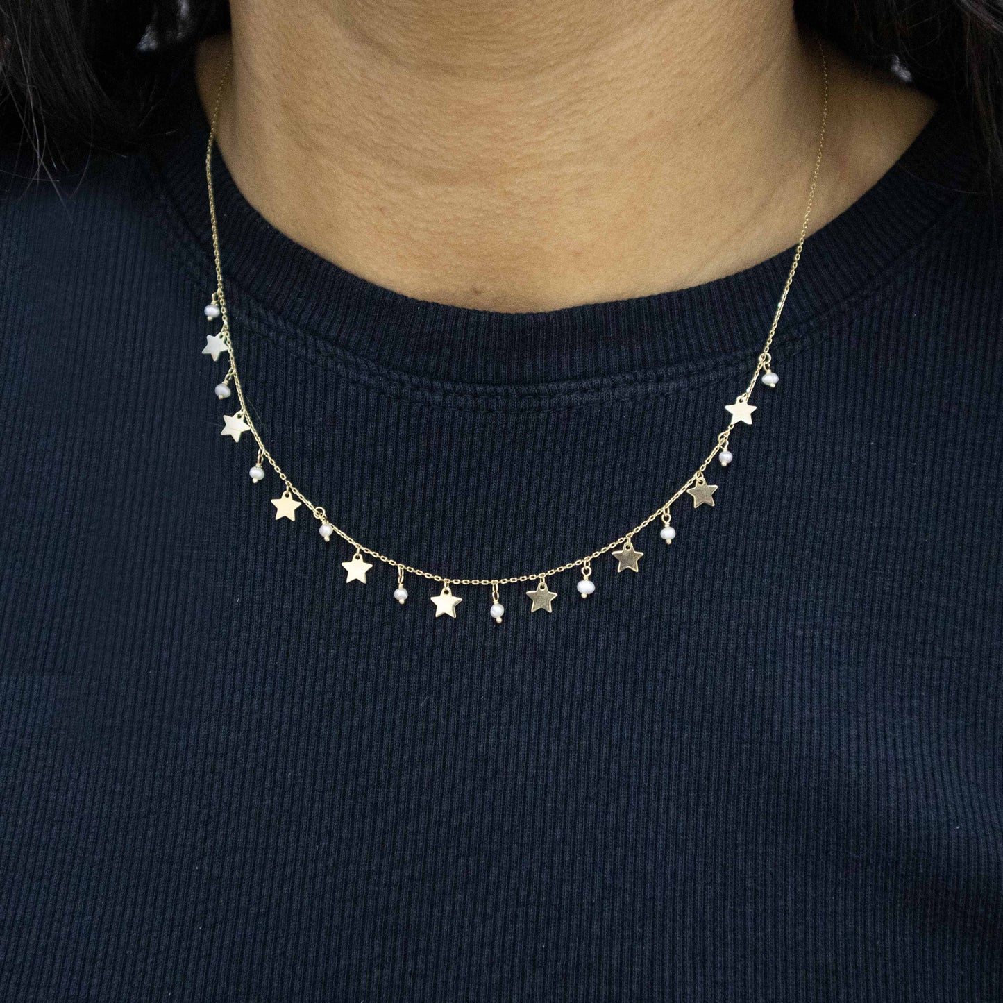 14K Yellow Gold Star and Pearl Necklace