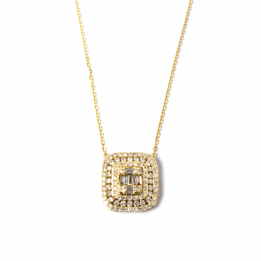 14K Yellow Gold Square Diamond Pendant Necklace