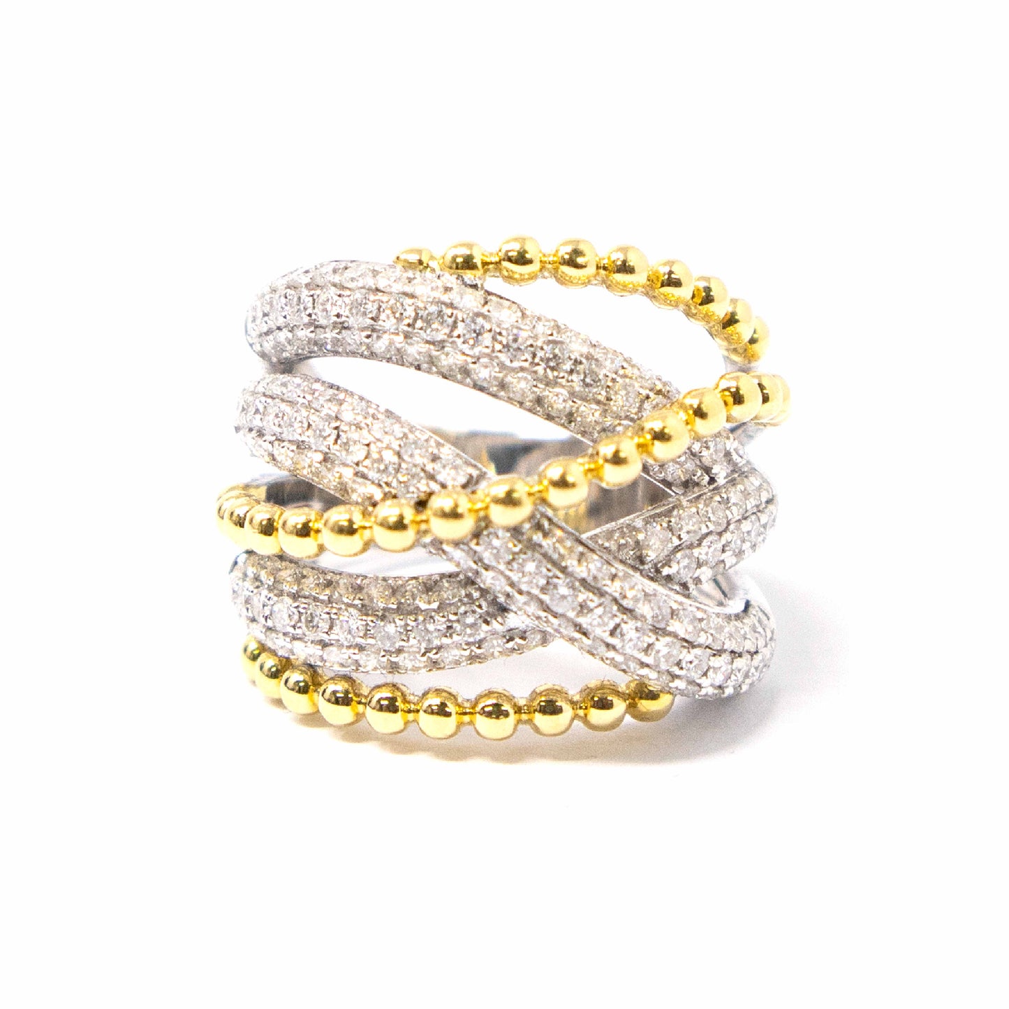 18K Yellow Gold Beaded and Diamond Layered Ring