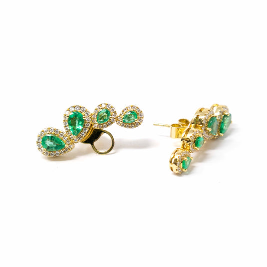 18K Yellow Gold Diamond Emerald Ear Climber Estate Earrings