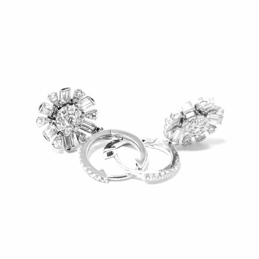 18K White Gold Diamond Flower Dangling Earrings