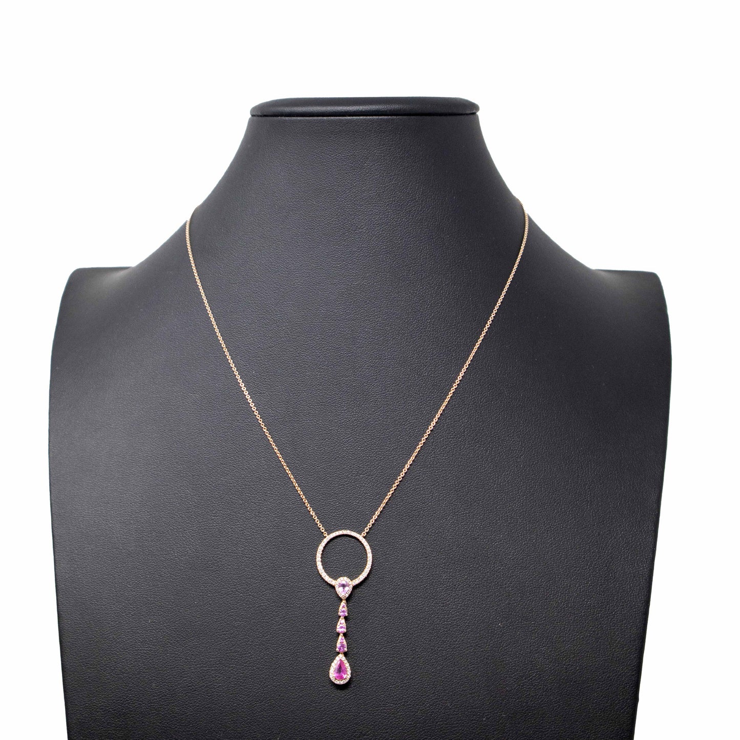 18K Rose Gold Diamond, Pink Sapphires and Ruby Drop Necklace