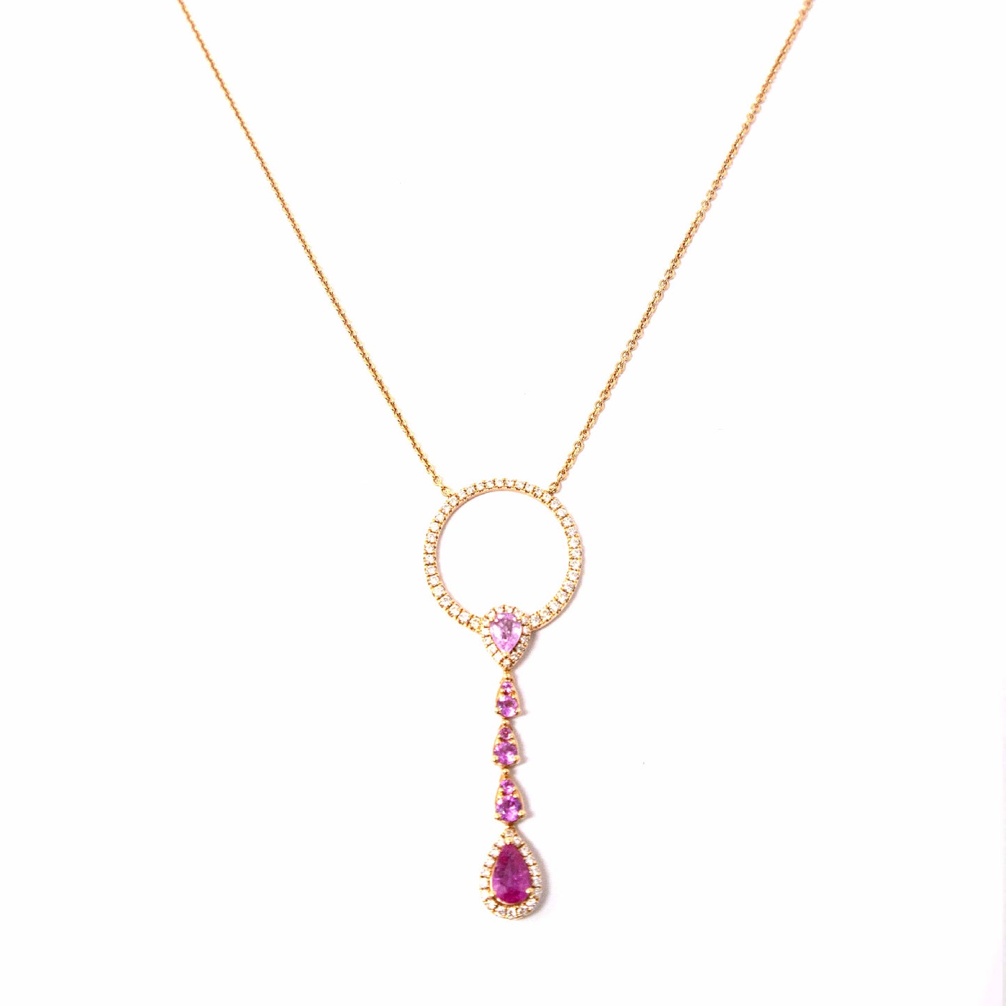 18K Rose Gold Diamond, Pink Sapphires and Ruby Drop Necklace