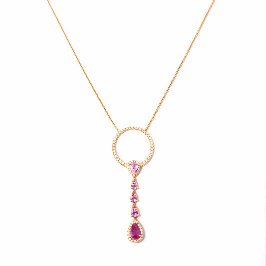 18K Rose Gold Diamond, Pink Sapphires and Ruby Drop Necklace