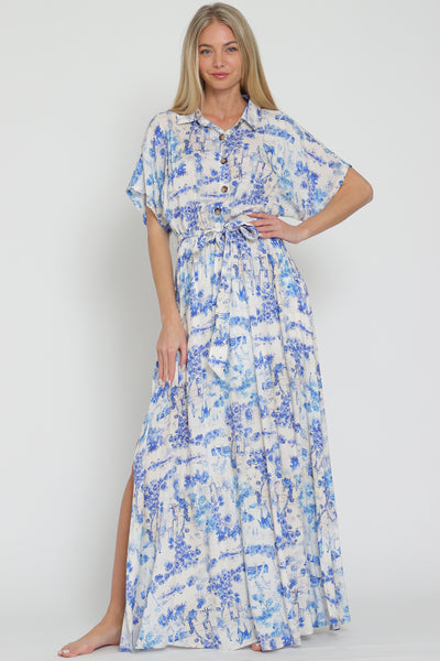 Aakaa Dolman Sleeve Button Down Belted Maxi Dress