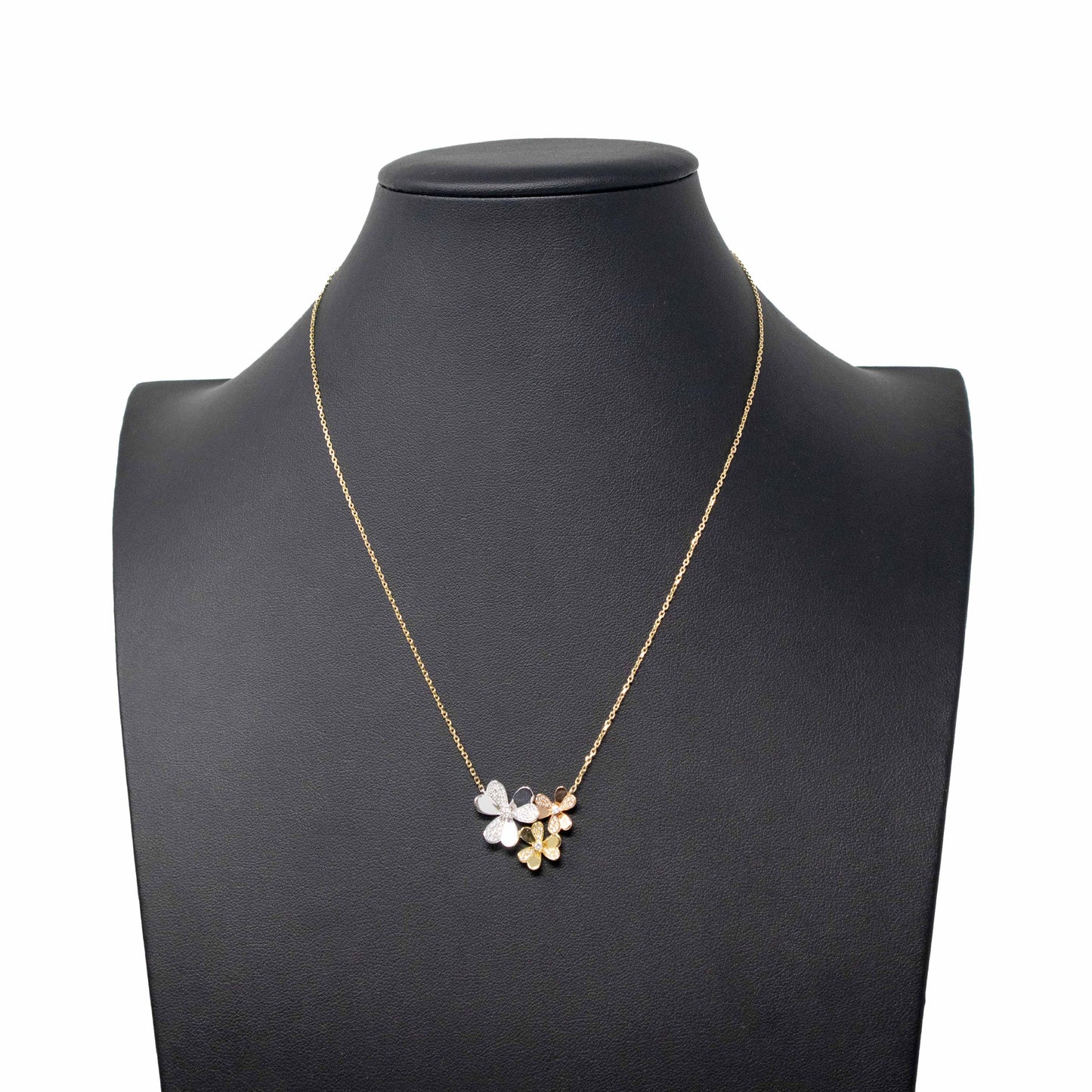 18K Tri Color Gold Diamond Flower Pendant Necklace