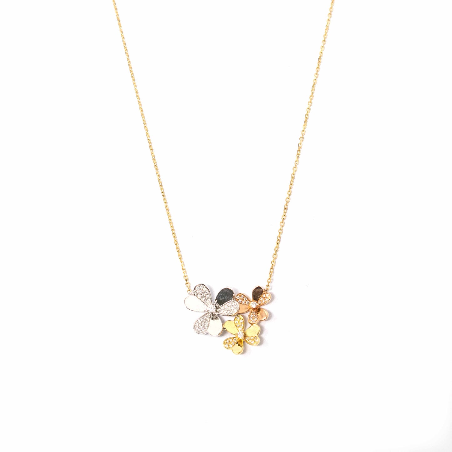 18K Tri Color Gold Diamond Flower Pendant Necklace