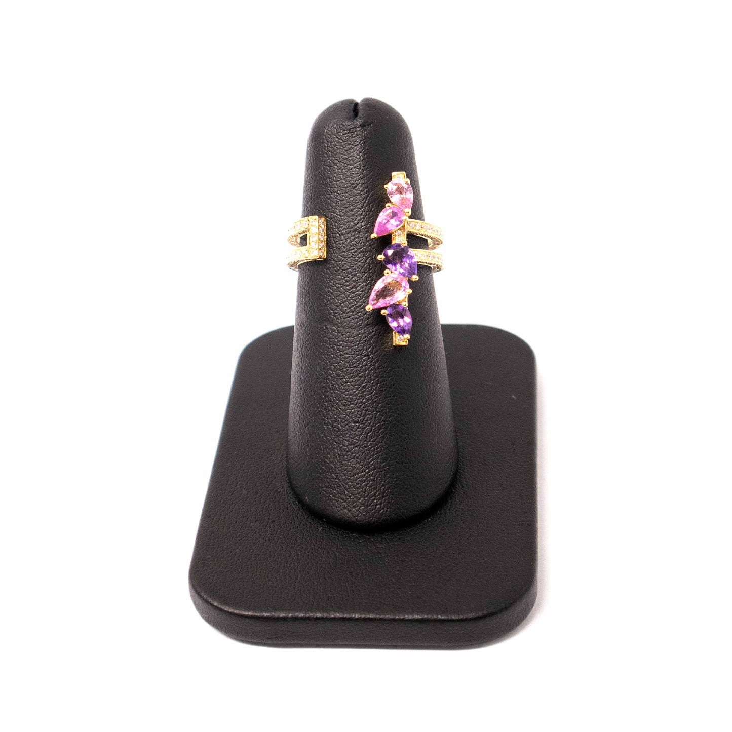 18K Yellow Gold Pink Sapphires, Diamond  and Amethyst Exotic Ring