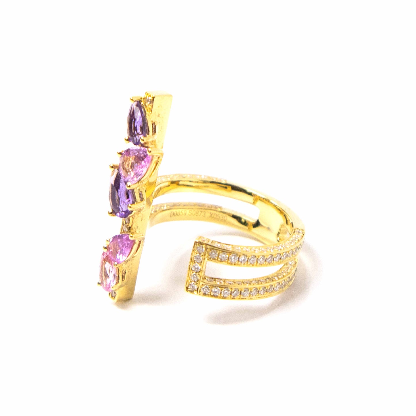 18K Yellow Gold Pink Sapphires, Diamond  and Amethyst Exotic Ring