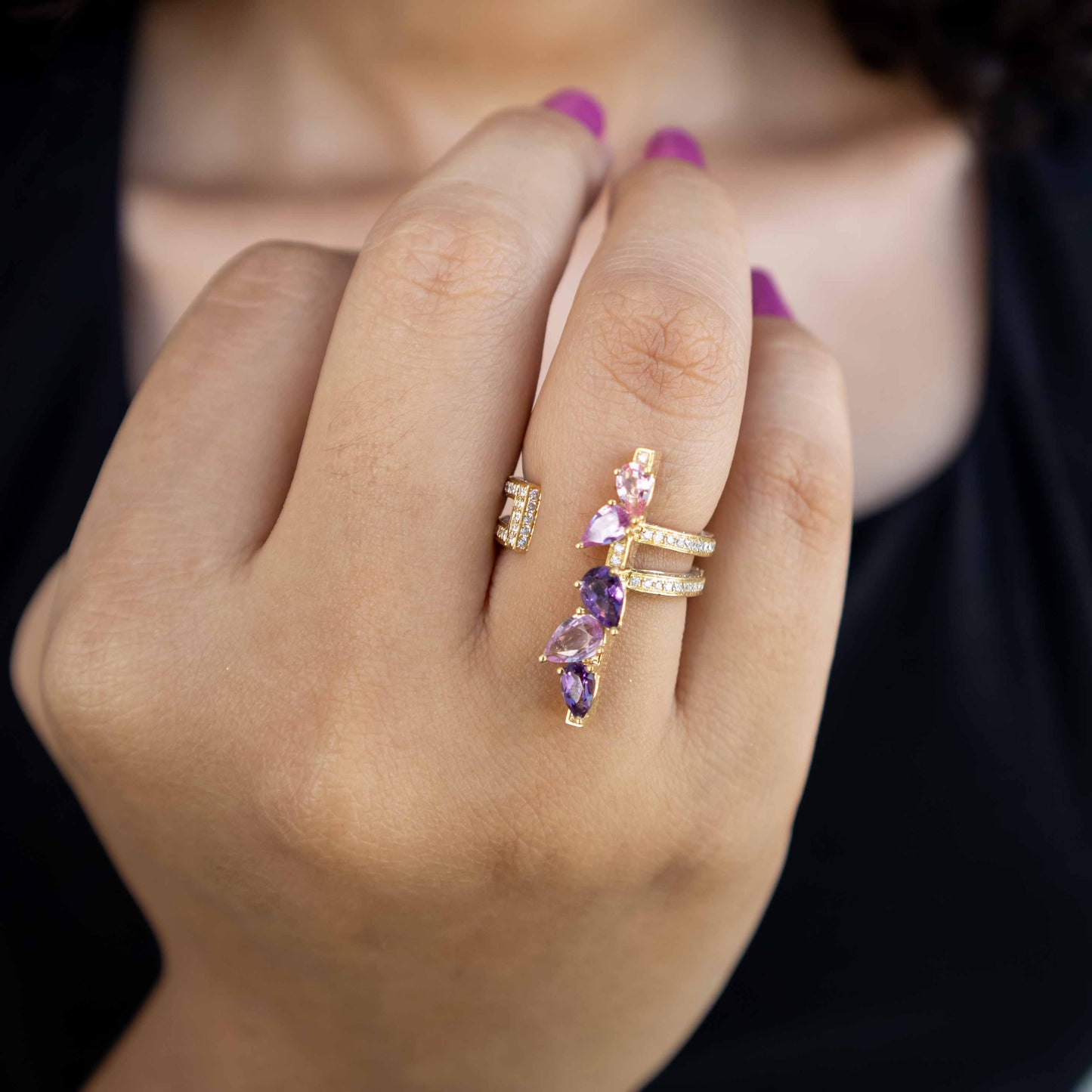 18K Yellow Gold Pink Sapphires, Diamond  and Amethyst Exotic Ring