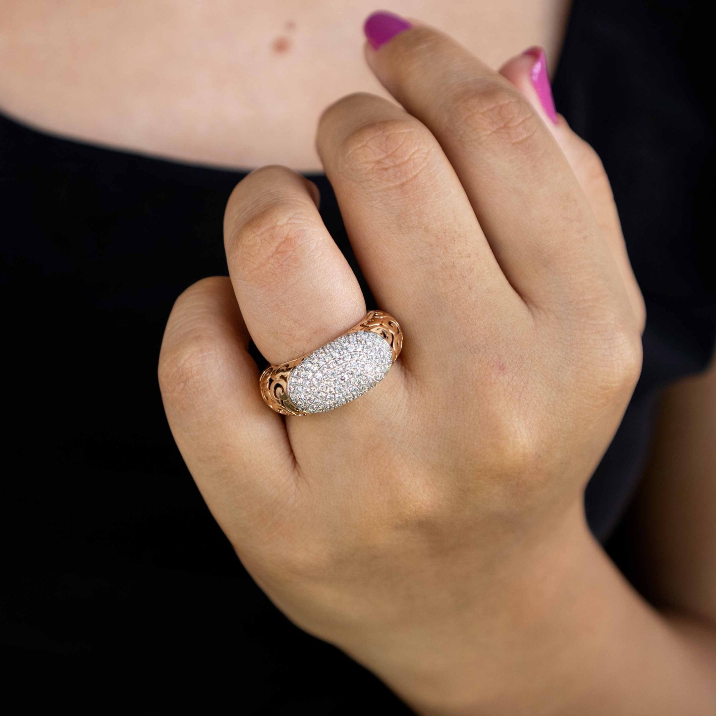 14K Rose Gold Dome Ring with Pave Diamonds