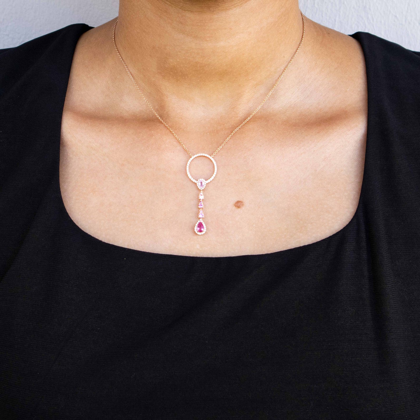 18K Rose Gold Diamond, Pink Sapphires and Ruby Drop Necklace