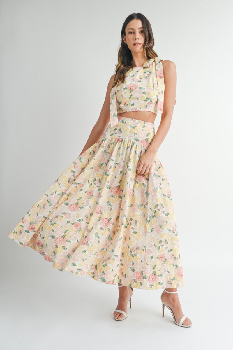 Mable Floral Tie Shoulder Crop Top with Flare Skirt Set