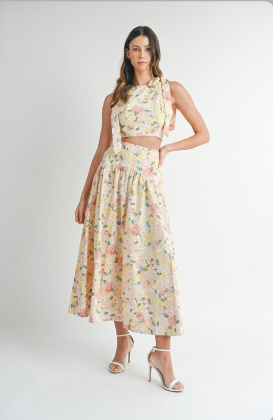 Mable Floral Tie Shoulder Crop Top with Flare Skirt Set