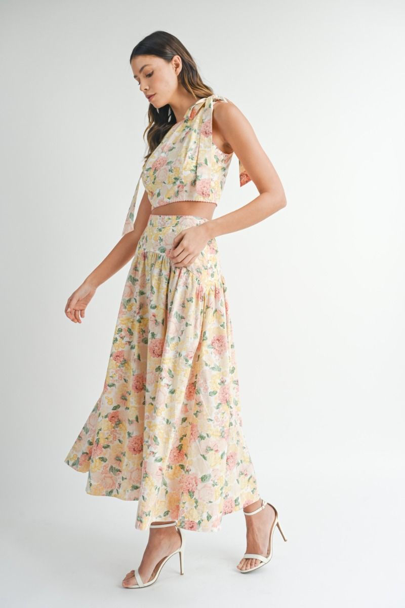 Mable Floral Tie Shoulder Crop Top with Flare Skirt Set